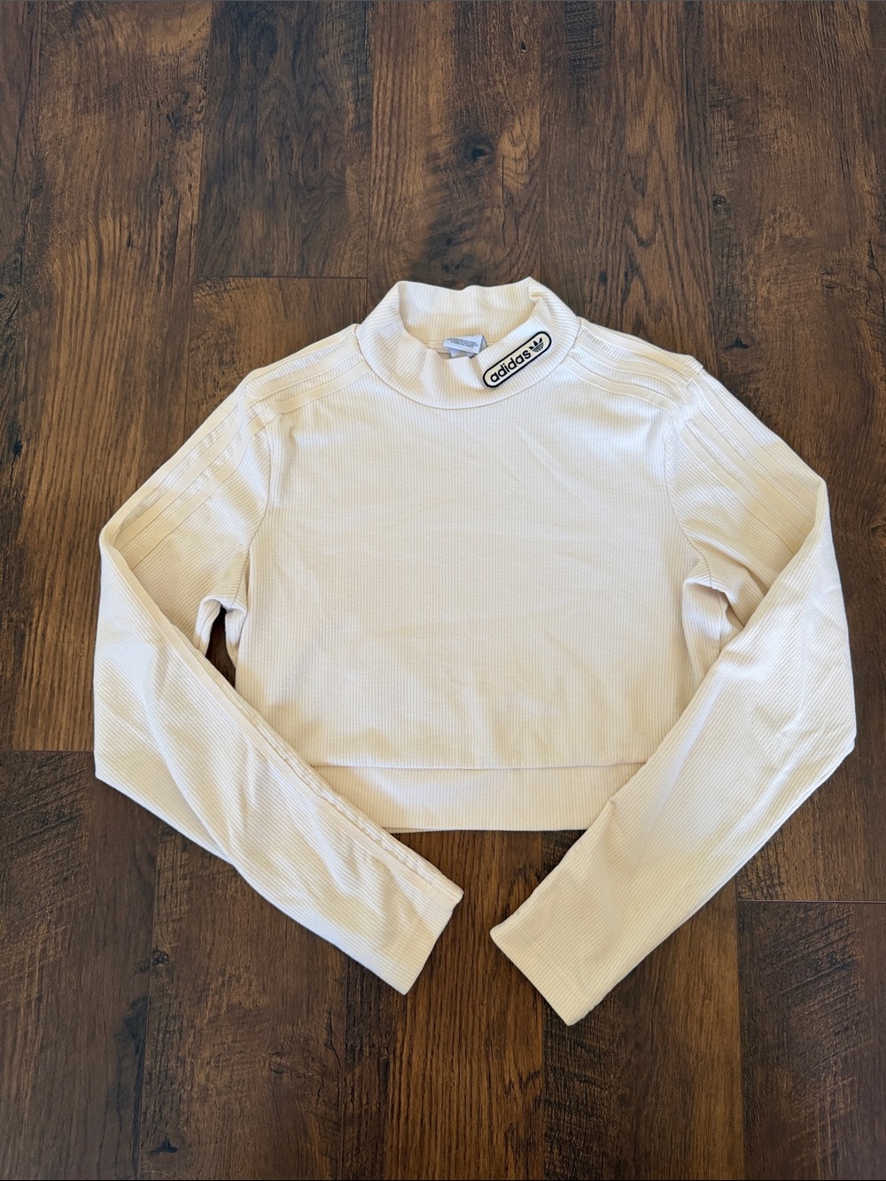 adidas Cream Ribbed Long-Sleeve Mock Neck Crop Top